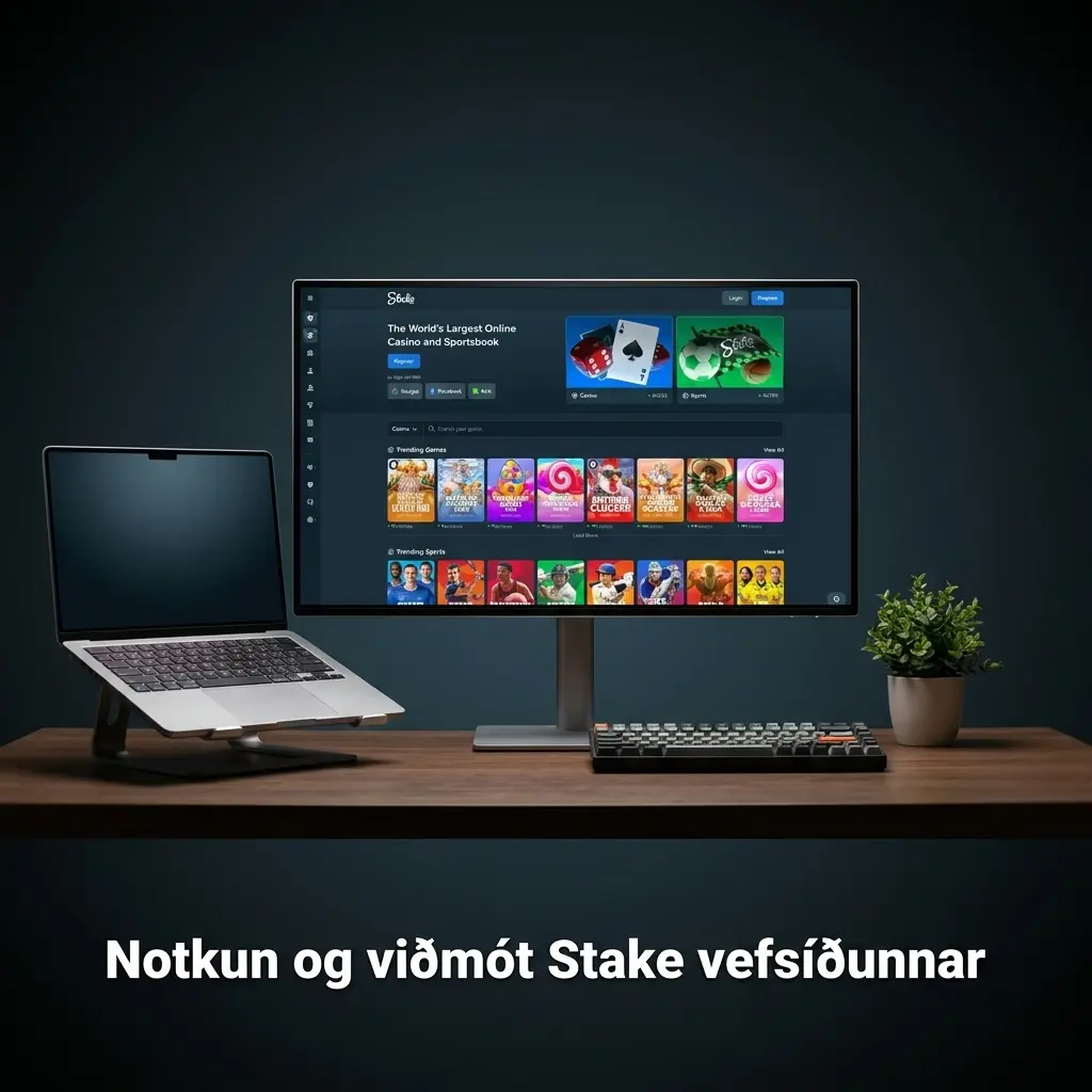 Stake vefsíða með dökkt litaþema í svörtu og djúpgrænu, með skýrar valmyndir fyrir kasinó og veðmál