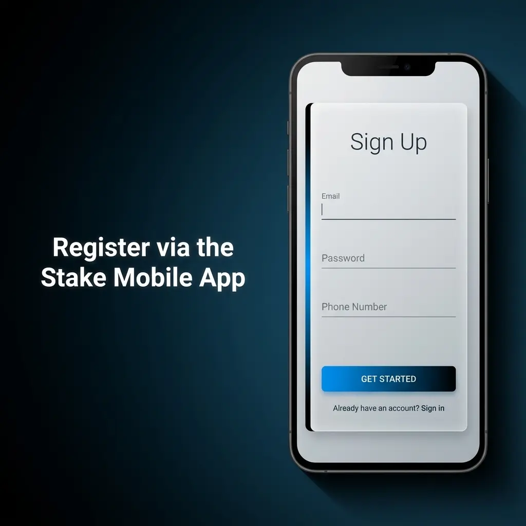 Stake mobile app registration screen showing sign-up options for email, phone, Google, Twitch, and Steam on touchscreen