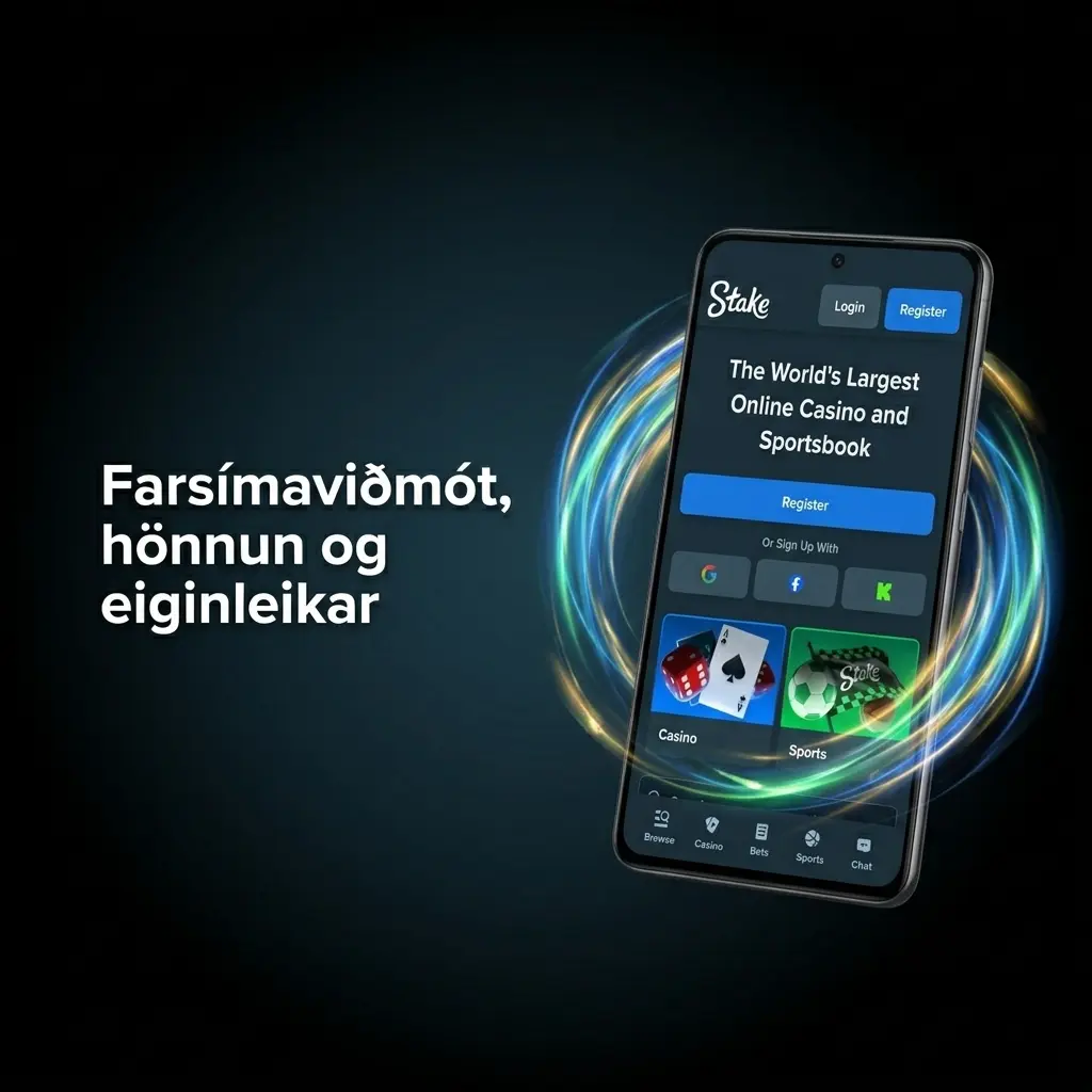 Stake farsímaviðmót með dökkri hönnun, hamburgervalmynd og snertitökkum fyrir íslenska spilarar