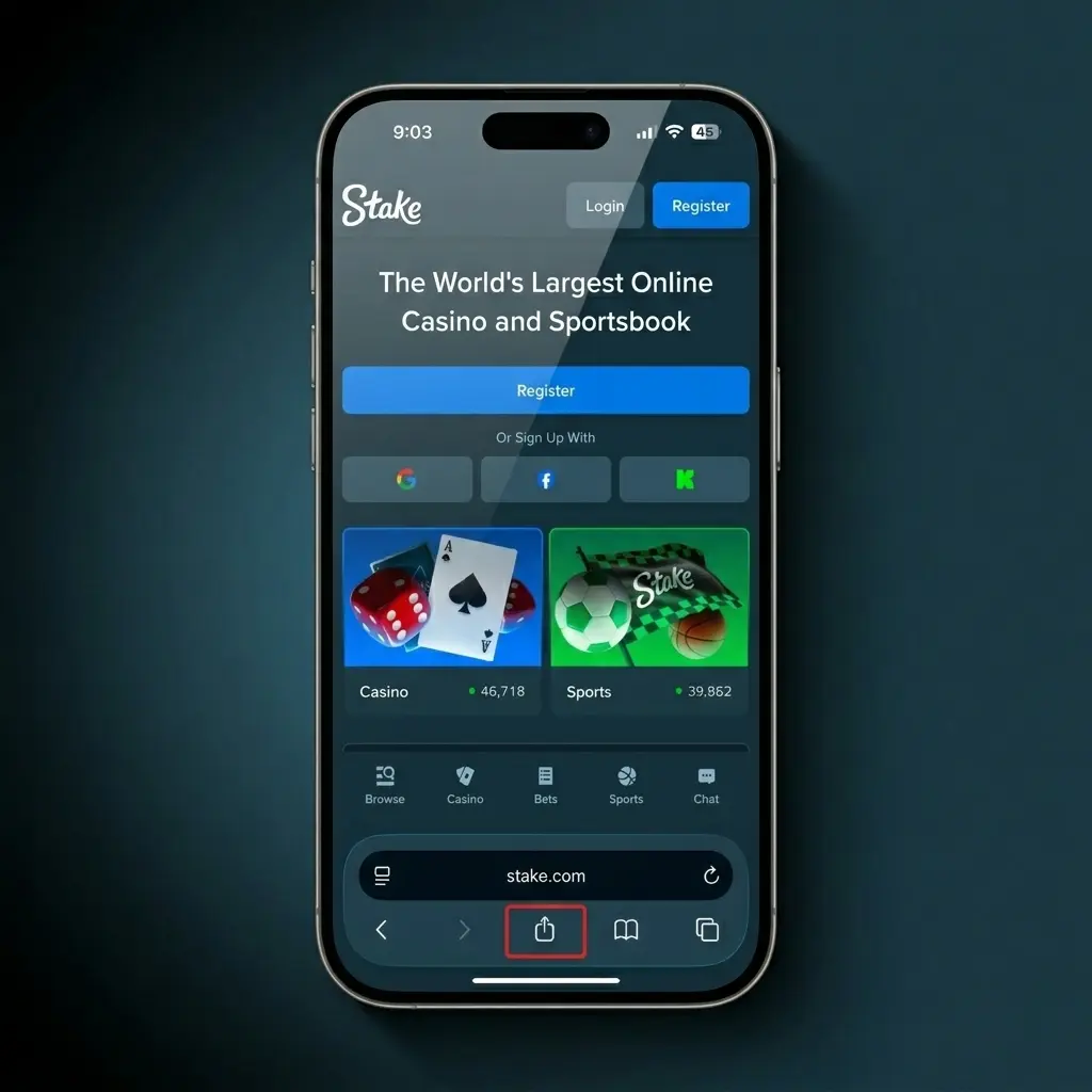 Stake PWA forrit fyrir iOS á iPhone heimaskjá með leiðbeiningum um uppsetningu í Safari