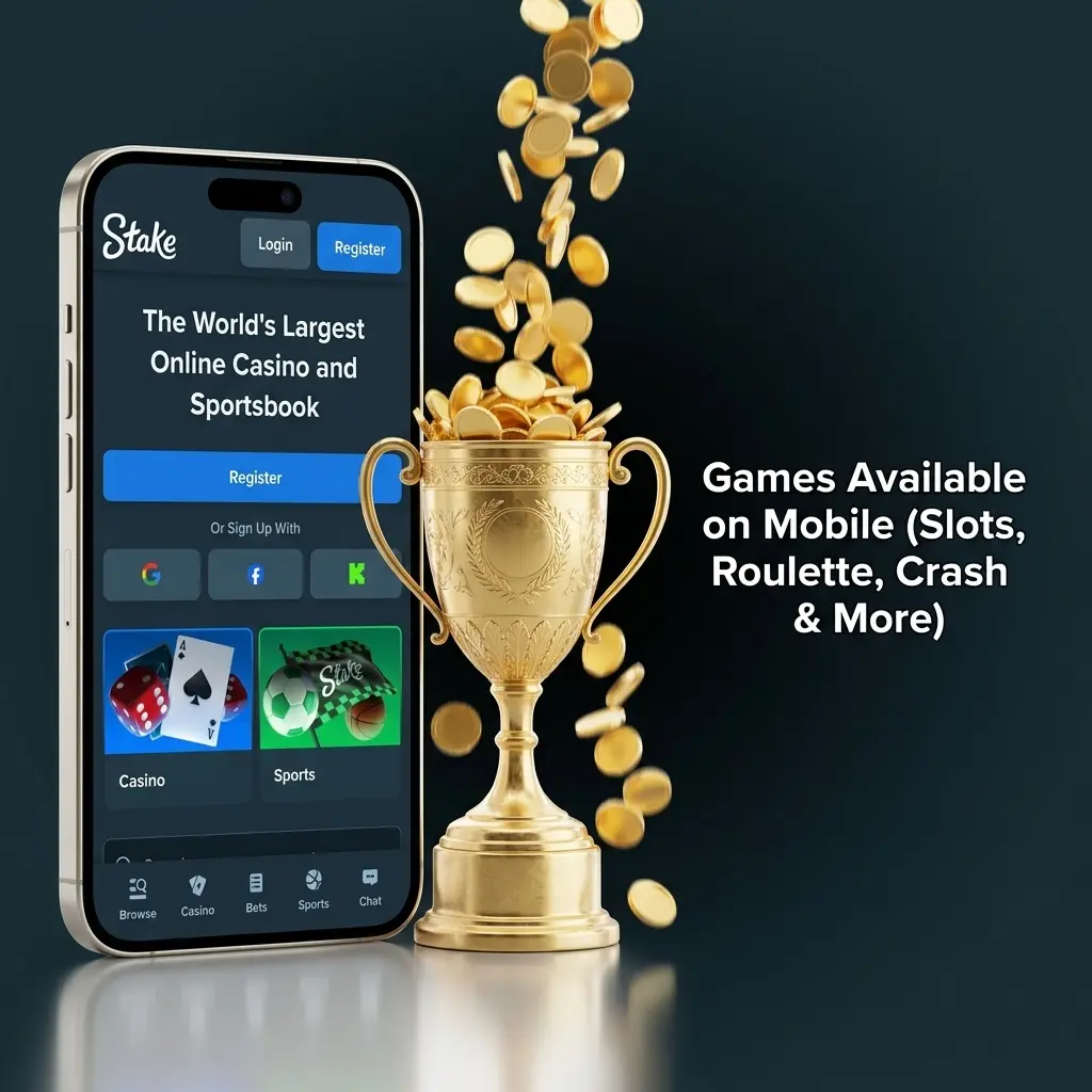 Mobile screen displaying Stake casino games including slots, roulette, crash, and live dealer titles in a browser
