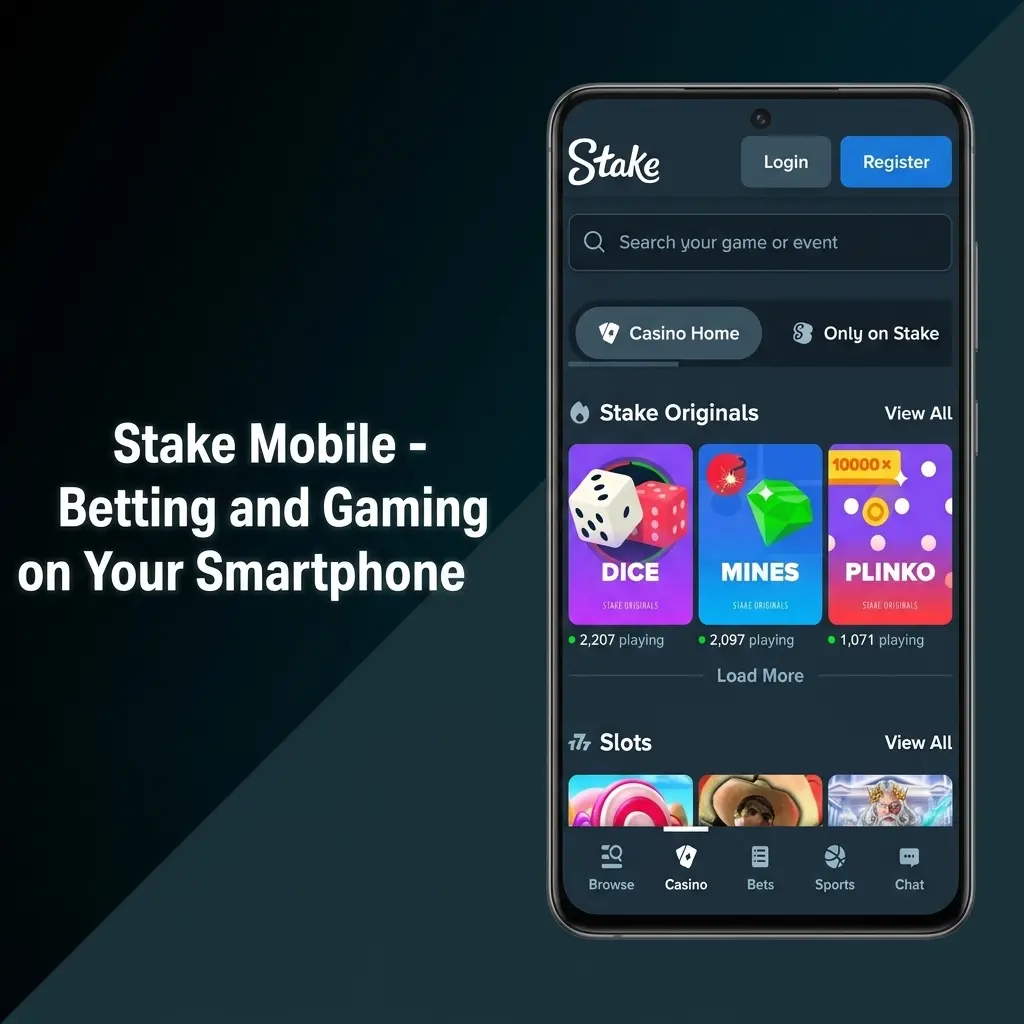 Stake mobile app interface displayed on smartphone showing betting and casino features for Android APK and iOS PWA installation