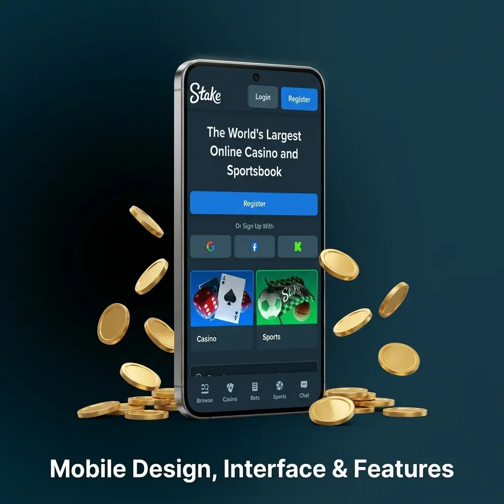 Stake mobile site dark-themed interface showing hamburger menu, game thumbnails, sportsbook odds, and live chat on any screen size