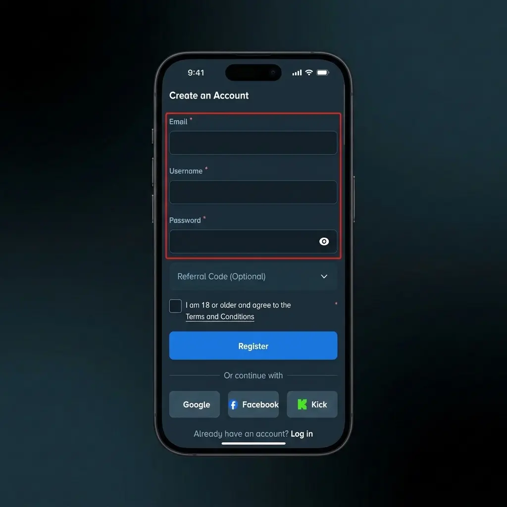 4-step Stake registration guide: sign up form, email verification, and account setup to enable deposits and withdrawals