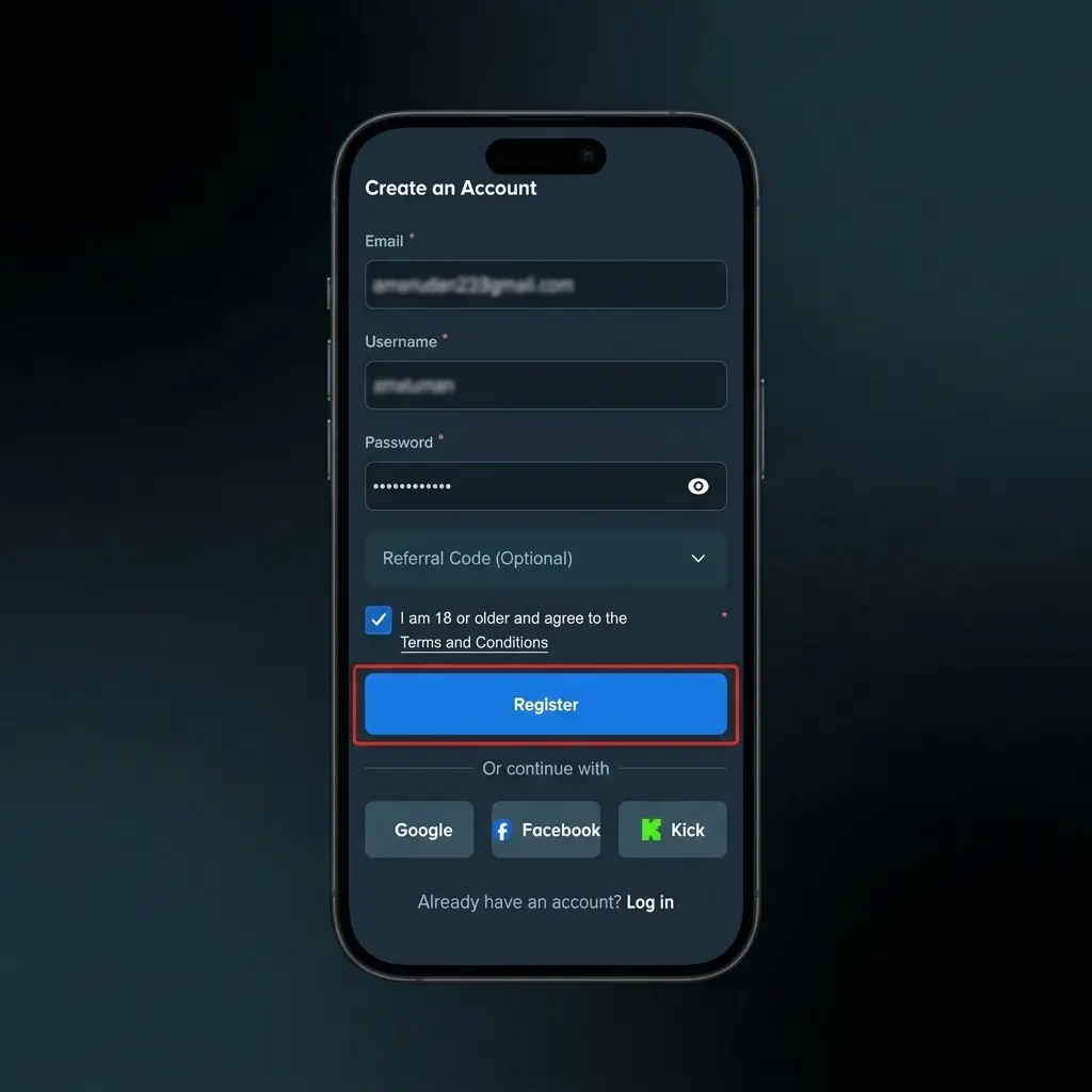 Step-by-step Stake registration guide showing 4 steps to create an account and start playing