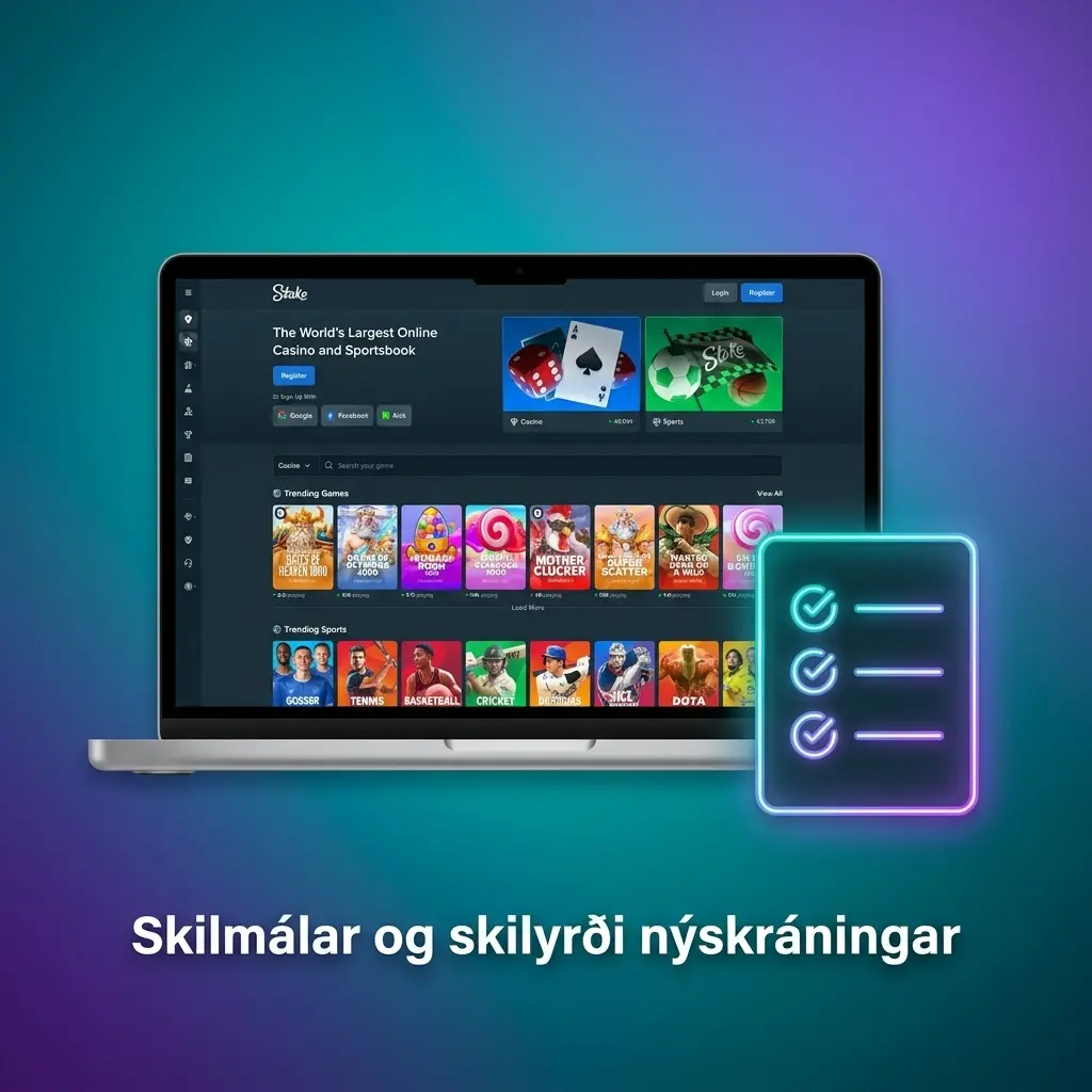 Skilmálar nýskráningar hjá Stake: reikningur, KYC-skoðun og greiðslusamþykki fyrir notendur
