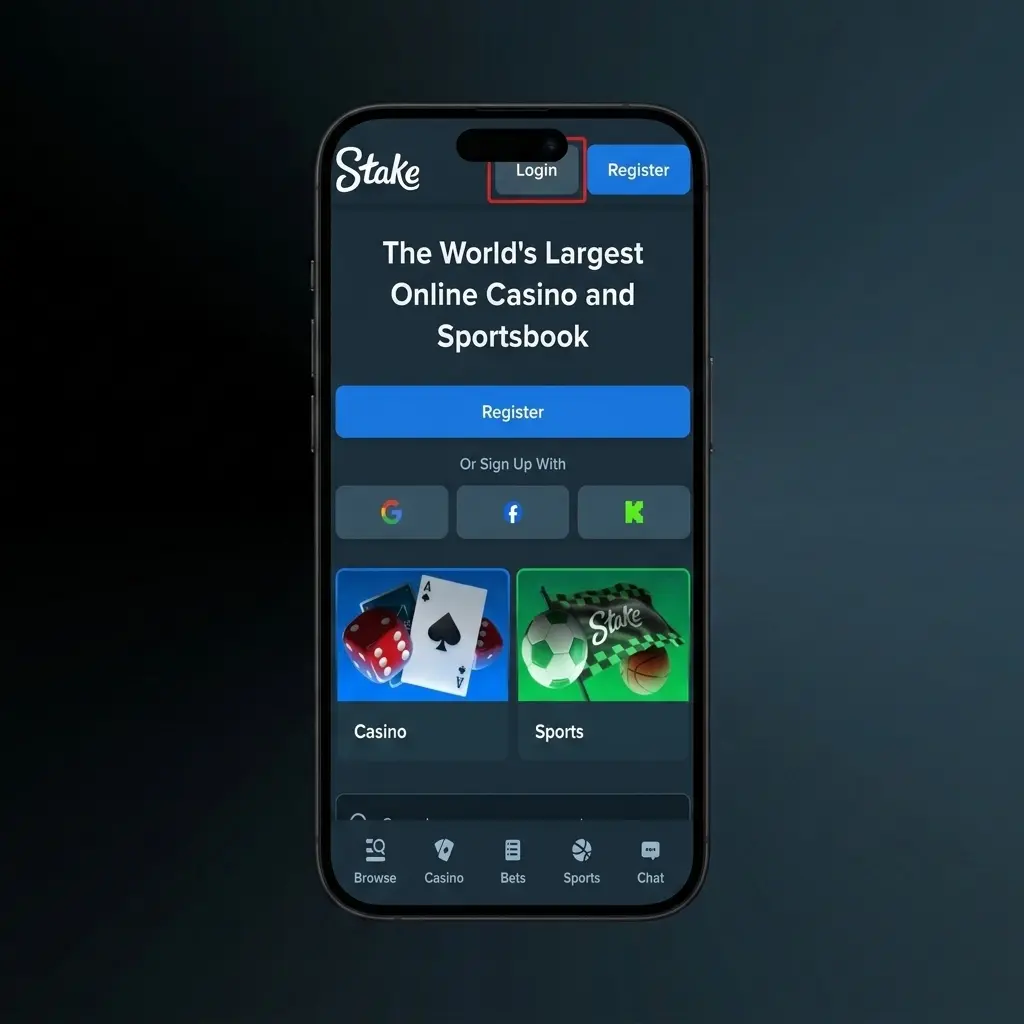 Step-by-step Stake login guide showing sign-in flow with email, password, and 2FA code entry steps