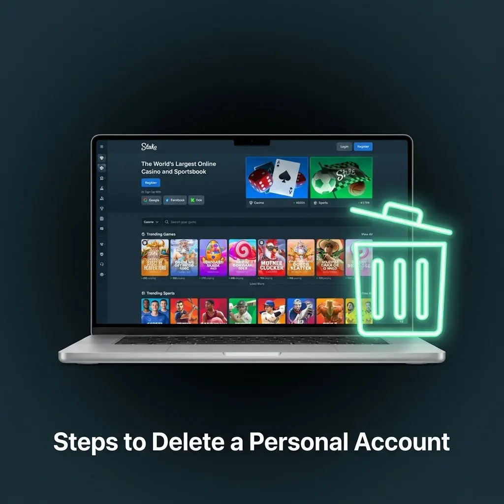 Steps to delete a Stake personal account showing settings, Responsible Gambling tab, and account closure confirmation process