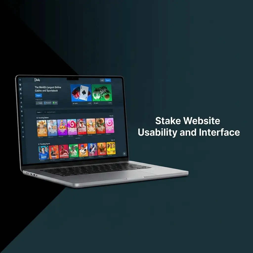 Stake website interface showing dark teal and black design with fixed navigation bar, casino games, and sportsbook sections